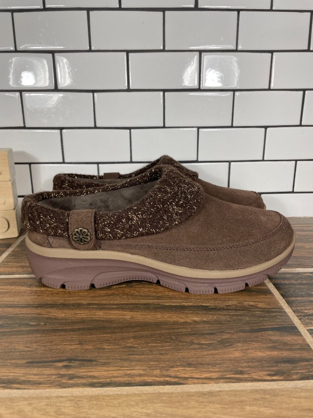 Skechers Easy Going Full Bloom Shoes Womens 10 Chocolate Suede Relaxed Fit Clogs - Picture 3 of 12